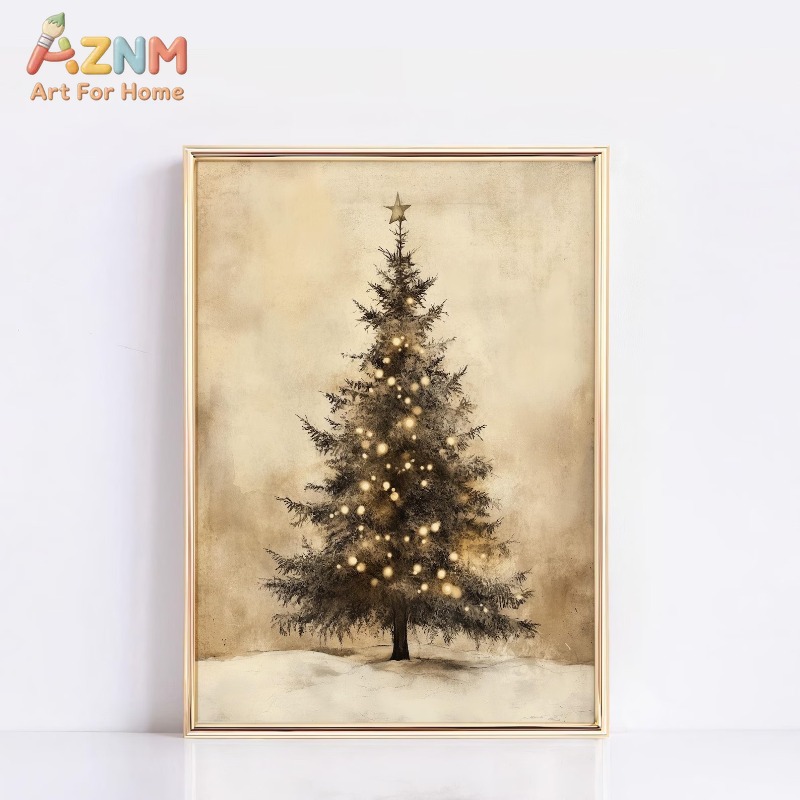 Wall Decor Lighting Tree - Verouderde Vintage Kerstboom Sterrenlichten Patroon Canvas