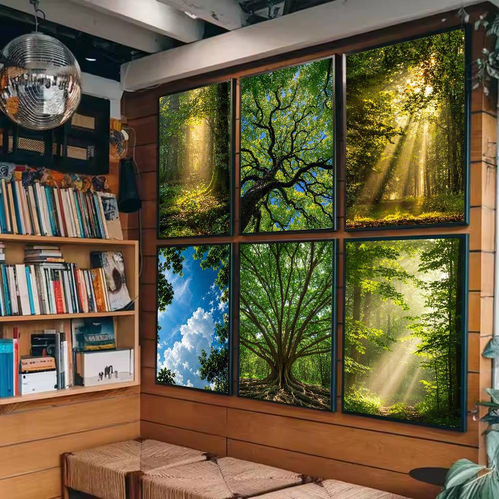 Wall Decor Lighting Tree - Zonnestraal Bos Natuur Poster, Groen Bosland